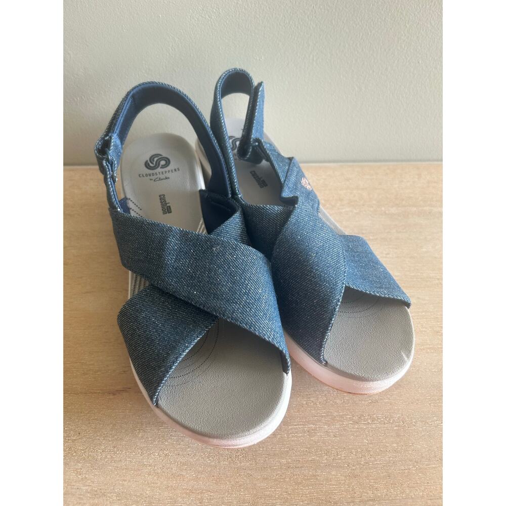 Clarks Cloudsteppers Denim Blue Wedge Sandals - Picture 3 of 8